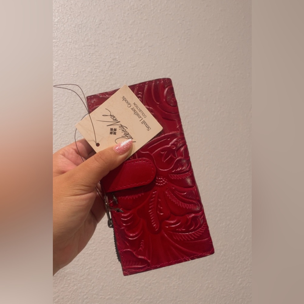 Patricia Nash Red Embossed Leather Wallet with Floral Tooling